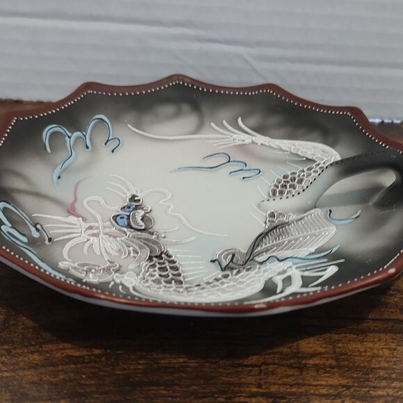 Moriage Embossed Blue Eyed Dragon Handled Nappy Plate RS Japan Porcelain Vintage - Picture 15 of 15